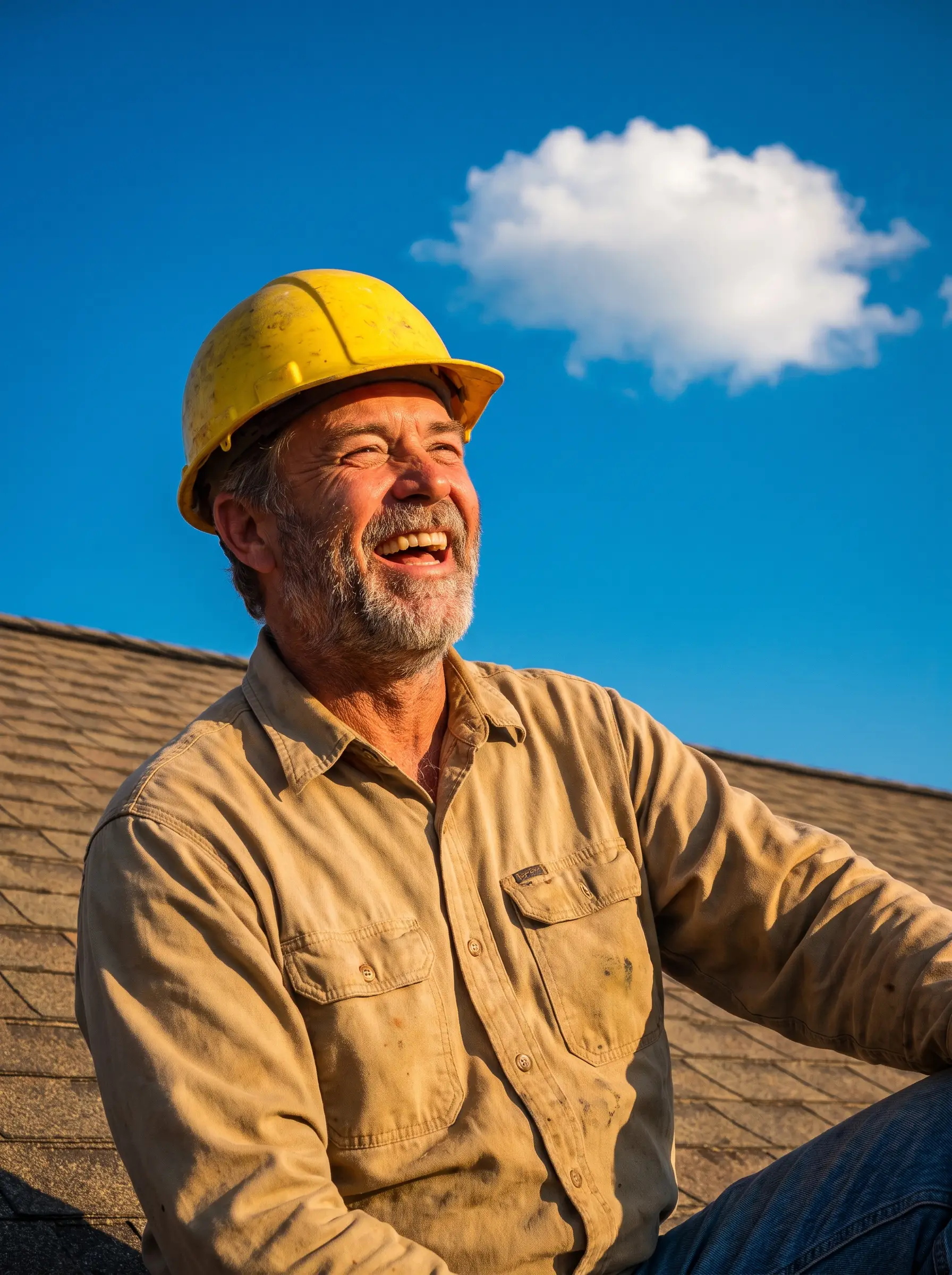 Gary, foreman, laughing in a yellow hard hat