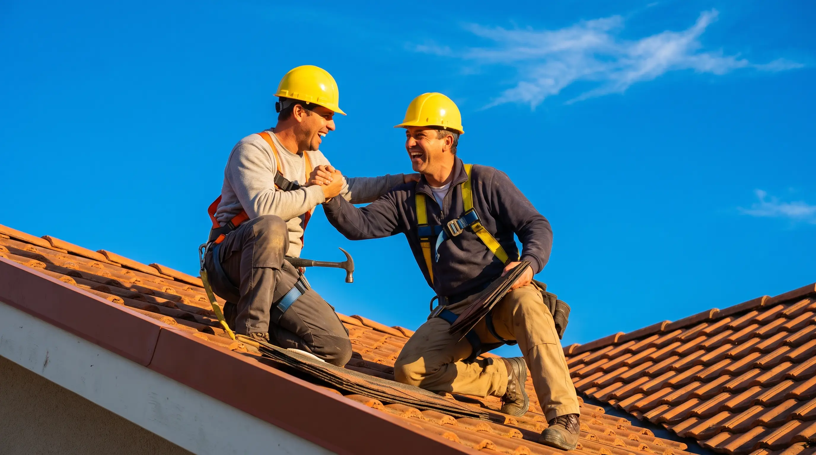 Two cheerful roofers laughing on a sunny rooftop