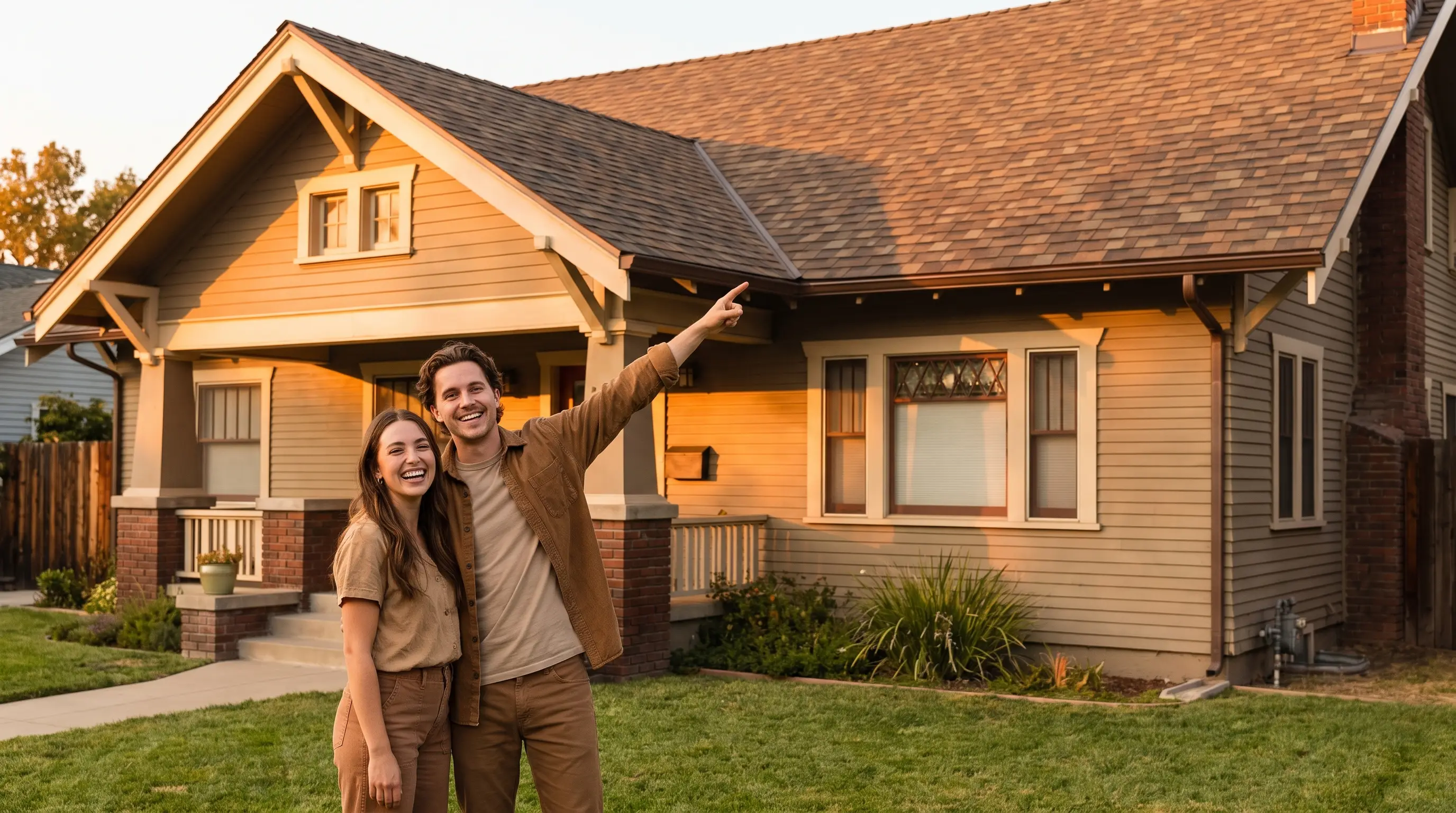 A happy couple in front of their home at golden hour