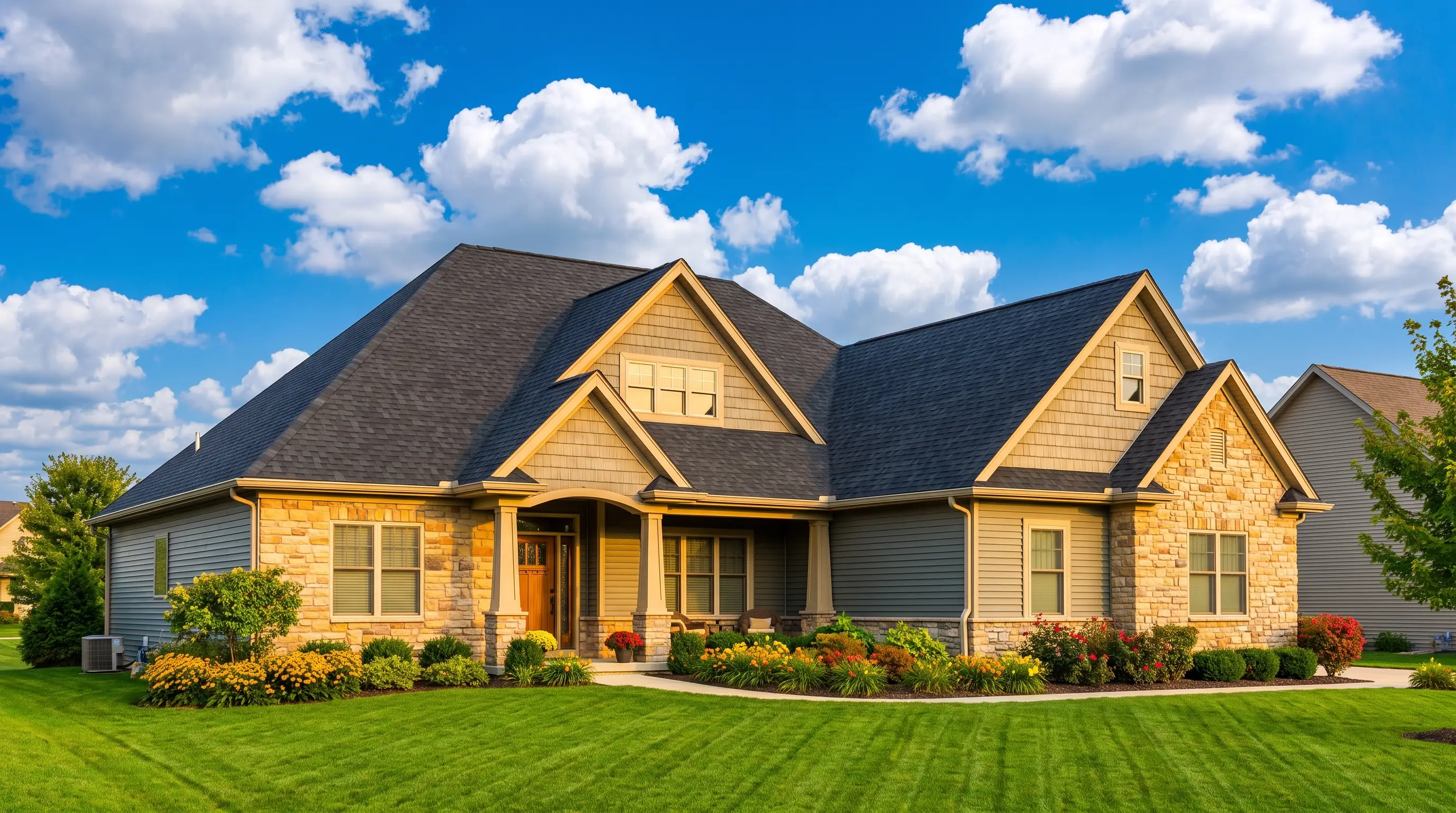 A beautiful home with a crisp new shingle roof under a blue sky